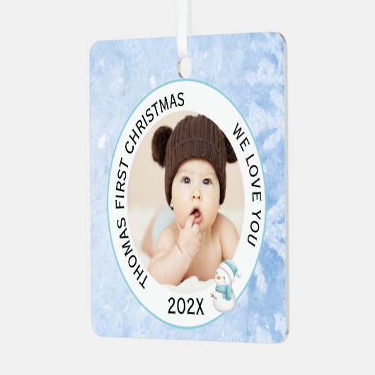 赤ちゃん男の子の最初のクリスマス写真 アイスブルー メタルオーナメント (正面左)
