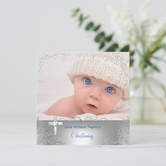 赤ちゃん男の子の洗礼 キリスト教の儀式 シルバー十字架 招待状 (スタンド正面)