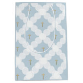 赤ちゃん男の子の洗礼 ブルーの金クロス 白い模様 ミディアムペーパーバッグ (正面)