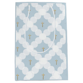 赤ちゃん男の子の洗礼 ブルーの金クロス 白い模様 ミディアムペーパーバッグ
