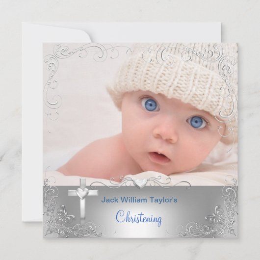 赤ちゃん男の子の洗礼・命名式　シルバー十字架 招待状 (正面)