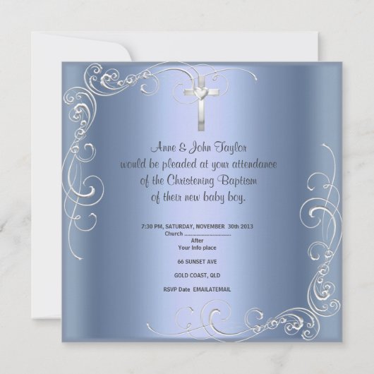 赤ちゃん男の子の洗礼 青い銀の十字架 招待状 (裏面)