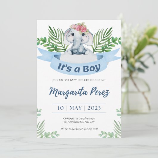 赤ちゃん男の子の象のイラスト招待状 招待状 (スタンド正面)