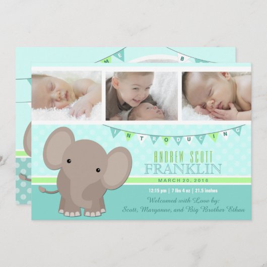赤ちゃん男の子の象の写真 誕生のお知らせ 案内状 (正面/裏面)