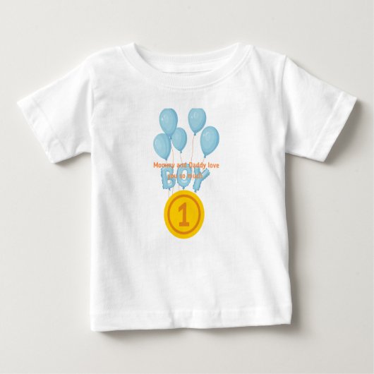赤ちゃん男の子の1歳誕生日Tシャツ - ママとパパ ベビーTシャツ (正面)