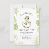 赤ちゃん男の子シャワー かわいい恐竜 間もなく孵化 招待状 (正面)