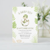 赤ちゃん男の子シャワー かわいい恐竜 間もなく孵化 招待状 (スタンド正面)
