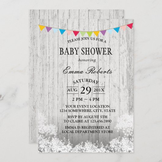 赤ちゃん素朴シャワー赤ちゃんの息の白い木 招待状 (正面/裏面)