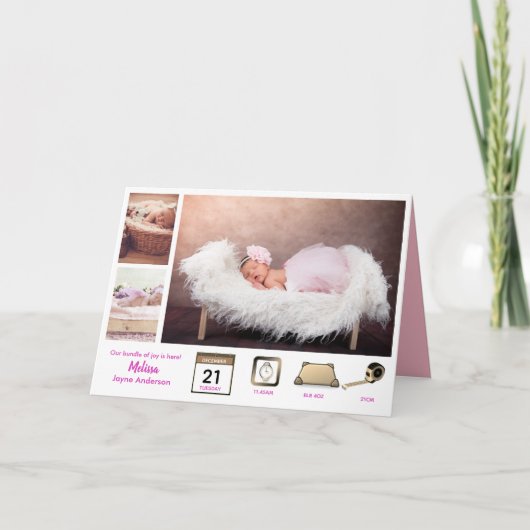 赤ちゃん誕生発表 フォトコラージュ - STATS GIRLズ ベイビー誕生おめでとう カード (正面)