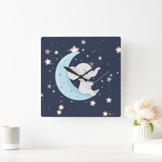 赤ちゃん象が星を釣る壁掛け時計 スクエア壁時計 (ホーム)