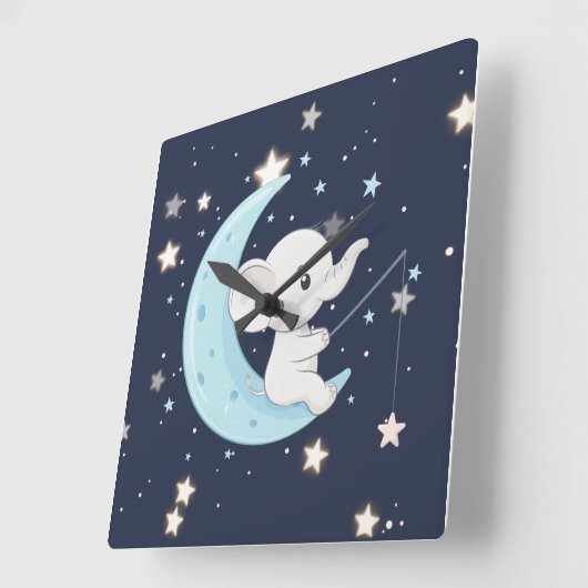 赤ちゃん象が星を釣る壁掛け時計 スクエア壁時計 (傾斜)