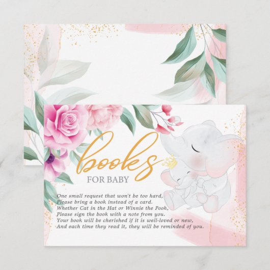 赤ちゃん象のための本 エレガントな女の子のベビーシャワー エンクロージャーカード (正面/裏面)