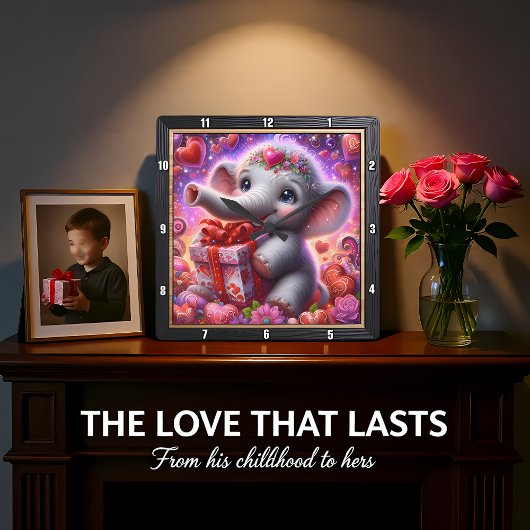 赤ちゃん象のハートのプレゼント スクエア壁時計