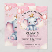 赤ちゃん象のプリンセス 1歳の誕生日招待状 招待状 (正面/裏面)