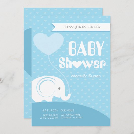 赤ちゃん象のベビーシャワー招待状（男の子） 招待状 (正面/裏面)
