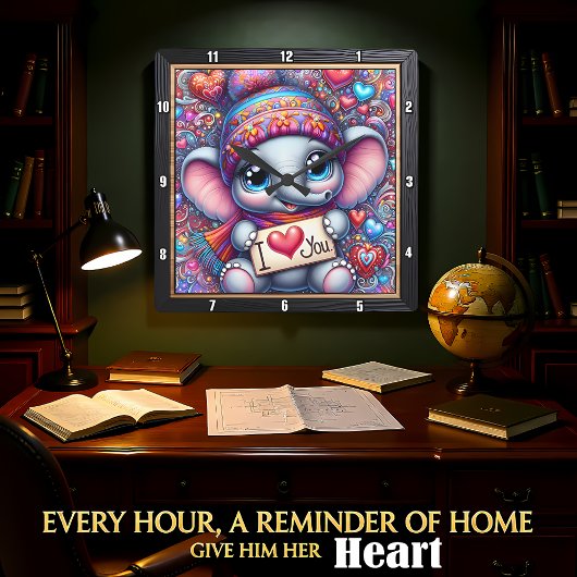 赤ちゃん象　愛してる スクエア壁時計