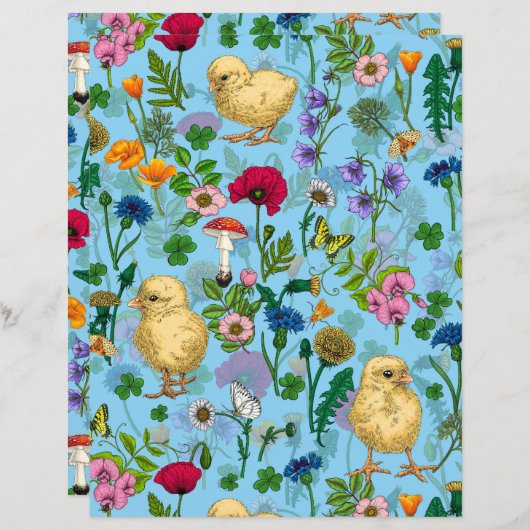 赤ちゃん青にニワトリとワイルドフラワー (正面/裏面)