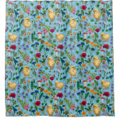 赤ちゃん青にニワトリとワイルドフラワー シャワーカーテン (正面)