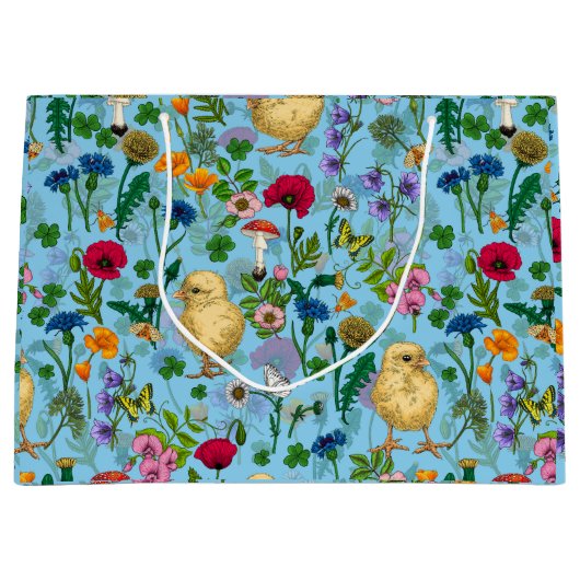 赤ちゃん青にニワトリとワイルドフラワー ラージペーパーバッグ (正面)