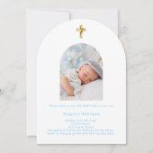 赤ちゃん青の写真アーチ少年バプテスマ 招待状 (正面)