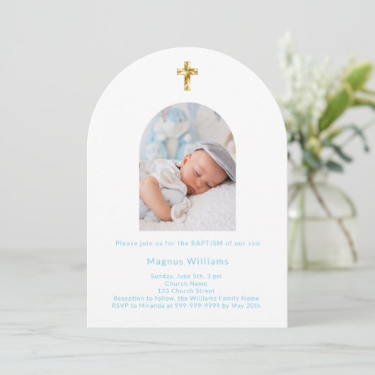 赤ちゃん青の写真アーチ少年バプテスマ 招待状 (スタンド正面)