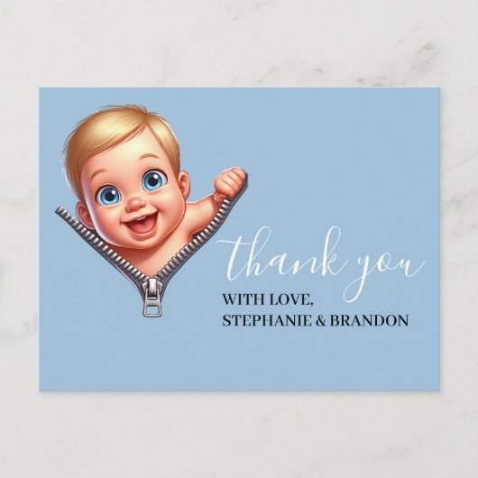 赤ちゃん青ピーキングベイビーシャワーありがとう ポストカード (正面)