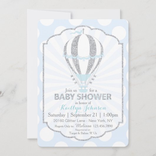 赤ちゃん青熱気球ベビーシャワー 招待状 (正面)