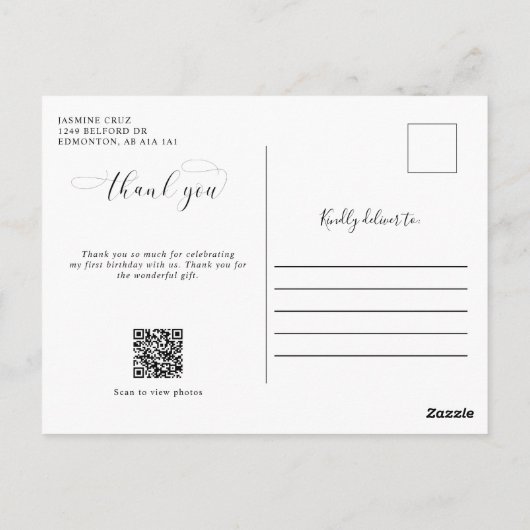 赤ちゃん1歳の誕生日ありがとう エレガントなスクリプトQRコード ポストカード (裏面)