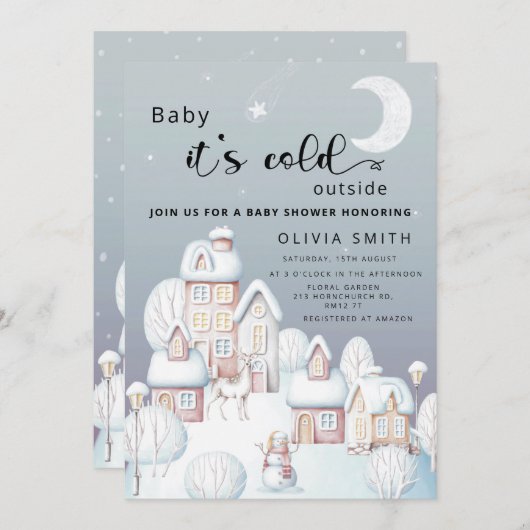 赤ちゃん 外は寒いです 赤ちゃんシャワーのご案内 招待状 (正面/裏面)