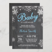 赤ちゃん 外は寒いよ 冬の青い男の子 ベイビーシャワー 招待状 (正面/裏面)