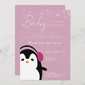 赤ちゃん 外は寒いよ 女の子 かわいいペンギン ピンク 招待状 (正面/裏面)