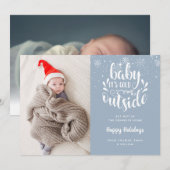 赤ちゃん 外は寒い ブルー 写真 ホリデー 誕生 案内状 (正面/裏面)