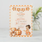 赤ちゃん 女の子 秋 オリーブテディベア とうもろこし 葉 招待状 (スタンド正面)