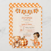 赤ちゃん 女の子 秋 オリーブテディベア とうもろこし 葉 招待状 (正面/裏面)