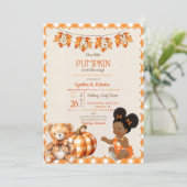 赤ちゃん 女の子 秋 オリーブテディベア パンプキン 葉 招待状 (スタンド正面)