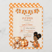 赤ちゃん 女の子 秋 オリーブテディベア パンプキン 葉 招待状 (正面/裏面)