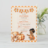 赤ちゃん 女の子 秋 プライド テディベア パンプキン 葉 招待状 (スタンド正面)