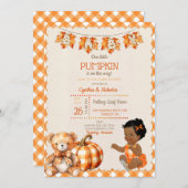 赤ちゃん 女の子 秋 プライド テディベア パンプキン 葉 招待状 (正面/裏面)