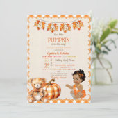 赤ちゃん 女の子 秋 プライド テディベア パンプキン 葉 招待状 (スタンド正面)