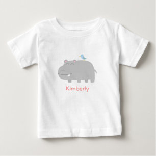 赤ちゃん+子供: かわいいカバと青い鳥のキャラクター ベビーTシャツ