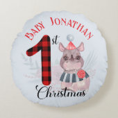 赤ちゃん 男の子の 初めてのクリスマス かわいいサンタ帽子 名前入り ラウンドクッション (正面)
