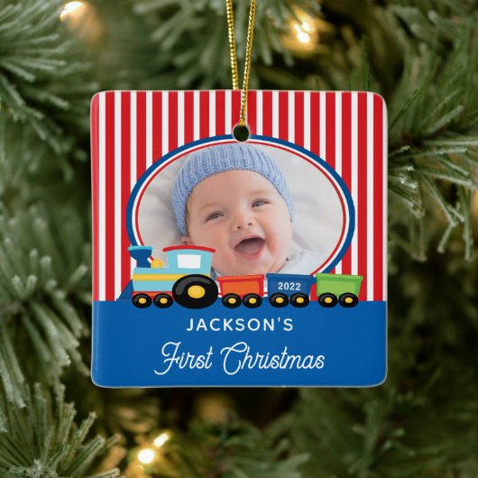 赤ちゃん 男の子 初めてのクリスマス 電車 写真入り 陶器 オーナメント (ツリー)