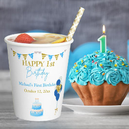 赤ちゃん 男の子 初めての誕生日 青 金の風船 ケーキ 紙コップ