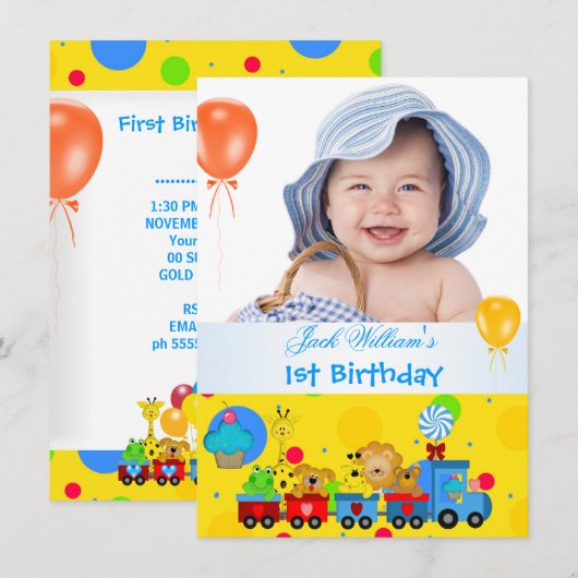 赤ちゃん 男の子 初めての誕生日 1歳 電車 ブルー イエロー 招待状 (正面/裏面)