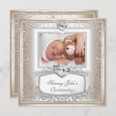 赤ちゃん 男の子 女の子 クリーム色 洗礼 誕生十字架 招待状 (正面/裏面)