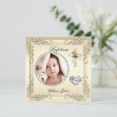 赤ちゃん 男の子 女の子 ゴールド クリーム色 洗礼 誕生十字架 招待状 (スタンド正面)