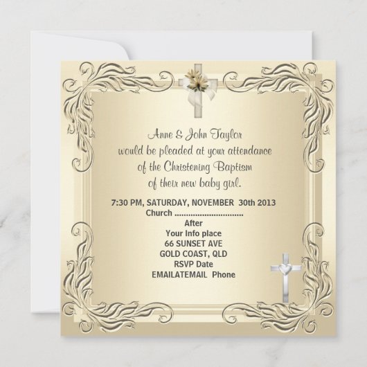 赤ちゃん 男の子 女の子 ゴールド クリーム色 洗礼 誕生十字架 招待状 (裏面)
