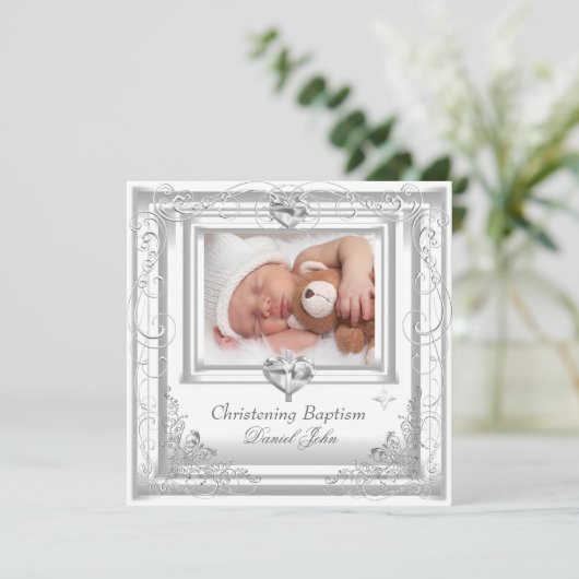 赤ちゃん 男の子 女の子 白い 洗礼 十字架 招待状 (スタンド正面)