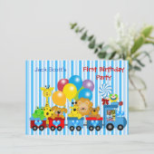 赤ちゃん 男の子 1歳の誕生日 列車 動物 写真 招待状 (スタンド正面)