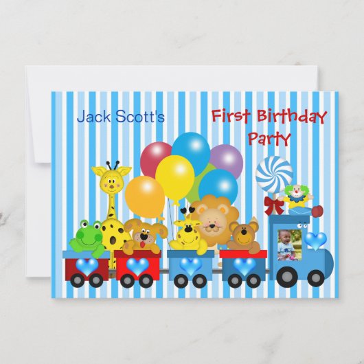 赤ちゃん 男の子 1歳の誕生日 列車 動物 写真 招待状 (正面)